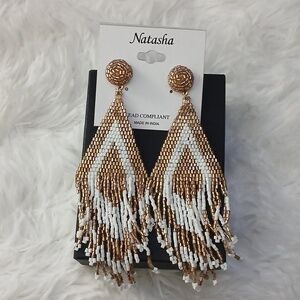 Natasha‎ Couture Gold White Beaded Fringe Boho Festival Sexy Statement Earrings